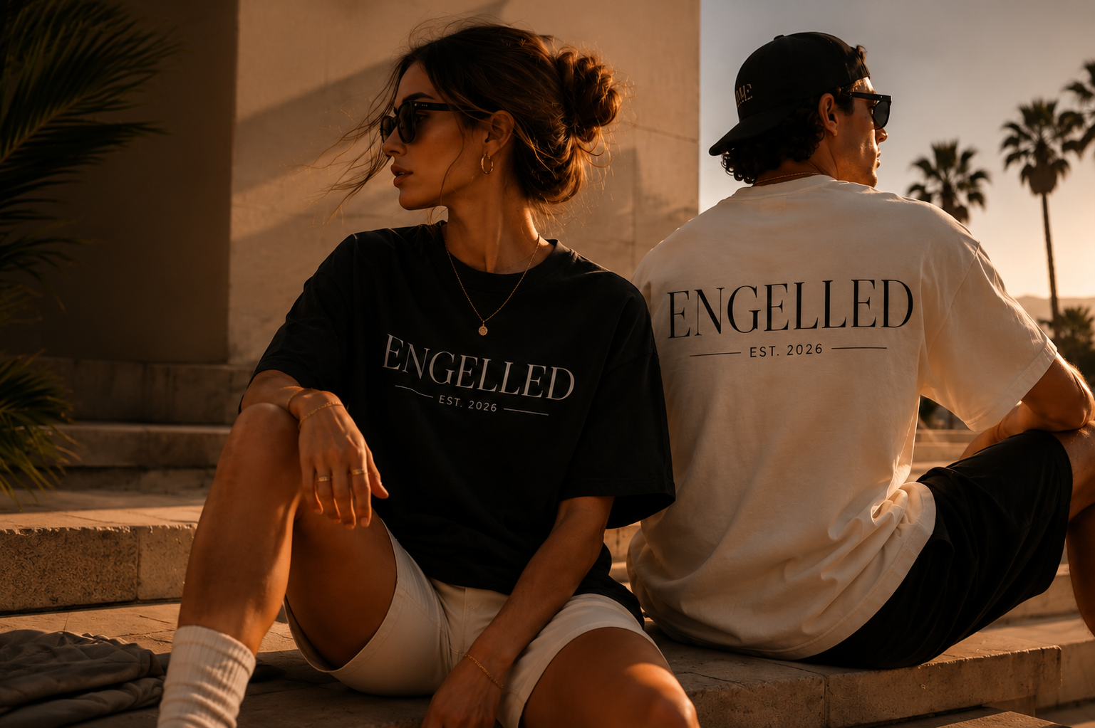 Two people sitting outdoors wearing 'Engelled' branded shirts.
